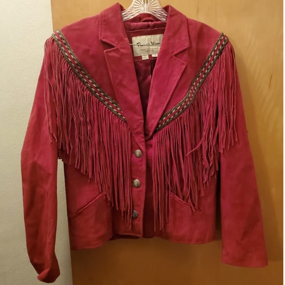 Pioneer Wear Womens Jacket Red
Suede Leather Fringe Western
Cowboy Sz L 80's EUC